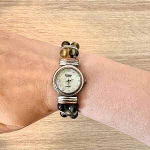 Vintage Figaro Couture Beaded Stretch Bracelet Watch Faux Mother of Pearl Dial